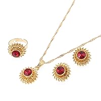 Ethiopian Jewelry Set Gold Color Crystal Necklace Pendant Earrings Ring