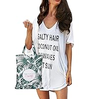 Women Swimsuit Coverup V-Neck Swimwear Bathing Suit Cover Up Cotton T-Shirt Bikini Dress