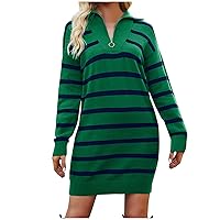 Women's Casual Striped Sweater Dress Fall Winter 2023 Half Zip Collar V Neck Knitted Long Sleeve Loose Mini Dresses