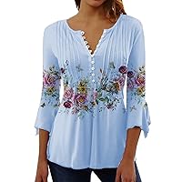 Women's Pleats Loose T-Shirt Tops V Neck Floral Printed Short Sleeve Shirts Flowy Hem Fashion Casual Blouse Tees