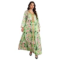 Ethnic Floral Printed Long Dresses V Neck Musilim Abaya Lace Tape Caftan Eid Gown for Women