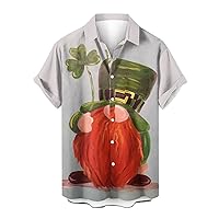 Men's St. Patrick's Day Vintage Bowling Shirt Casual Short Sleeve Button Down Shirts Cute Gnomes Shamrock Clover Top