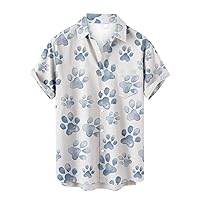 Mens Shirts Summer Casual Short Sleeve Beach Blouse Cute Dog Paw Print with Pocket Turndown Collar Shirt Tops