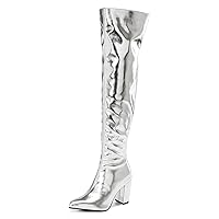 Women's Metallic Thigh High Boots Pointed Toe Chunky Heel Knee High Boots Side Zip Wide Calf Boots Women's Fashion Boots