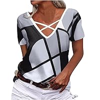 DESKABLY Plus Size Tops for Women 2023 Fashion Summer Geometry Print Short Sleeve Tshirt Casual Cross Tie V Neck Blouse