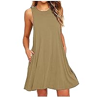 Women Summer Dresses 2024 Trendy Sleeveless Tank Dress Loose Crew Neck Sundress Plain Casual Beach Sun Dresses