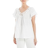 Max Studio Women's Flutter Sleeve Embroidered Neck Blouse