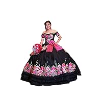 Flower Embroidery Mexican Black Quinceanera Dresses Ball Gown Off The Shoulder with Sleeves Evening Formal Dress