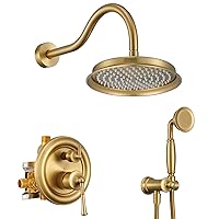 Shower System Faucet Set With Handheld Shower Bathroom Wall Mount Rough-in Valve and Water Supply Hose Included, Brushed Gold