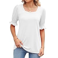 Leezeshaw Puffed Short Sleeve Square Neck Casual Tee Shirts for Women Tops Ladies Solid Summer Blouses