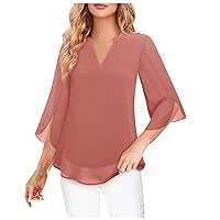 Women's 3/4 Sleeve Chiffon Blouse Shirt V Neck Dressy Tunic Tops Ruffle Double Layered Work Tops Solid Elegant Clothes