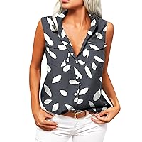 Women's Sleeveless Button Down Shirts Blouses with Pocket Printed Casual Loose V Neck Tank Tops for Work