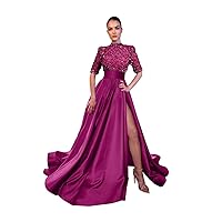 Satin Sequins Glitter Prom Dresses Slit High-Neck A Line Formal Evening Party Gowns for Women