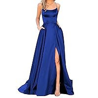 Women's Backless Dresses 2024 Solid Evening Party Split Satin Spaghetti Strap with Pockets Strap Maxi