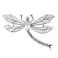 Alilang Womens Silvery Tone Faux Pearl Clear Rhinestones White Dragonfly Brooch Pin