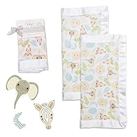 lulujo Baby Security Lovey Blankets| Unisex Softest Breathable Cotton Muslin Security Blanket with Silky Satin Trim| Neutral Comforting Blanket for Girls & Boys | 16in by 16 in| Jungle Safari
