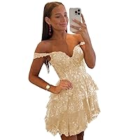 Mini Sequin Homecoming Dresses for Teens Tiered Lace Applique Sweetheart Off Shoulder Party Dresses 2024 HO016
