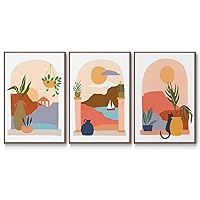 Canvas 3 Piece Wall Art Home Prints Mountains Landscape Scenery with Boat & Cat Walnut Floater Framed Artwork for Dining Living Room Kitchen - 24