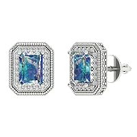 3.92cttw Emerald Cut Halo Solitaire Genuine Blue Moissanite Pair of Solitaire Stud Screw Back Earrings 18k White Gold