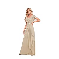 V Neck Chiffon Bridesmaid Dress Long Flutter Sleeves Formal Dress Beaded Mother of The Bride Dress with Pockets UU25
