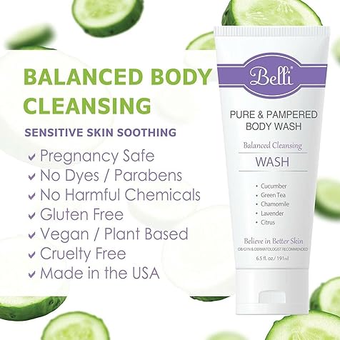 Belli Skincare Pure and Pampered Body Wash, Moisturizing Skin Cleanser, Contains Cucumber Green Tea Extracts, For All Skin Types, Dermatologist recommended, 6.5 Oz