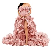 Puffy Tulle Robe for Maternity Photoshoot Ruffles V Neck Illusion Bridal Lingerie Bathgown Baby Shower Dress