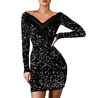 Womens Dresses Casual Midi, Women's Fashion Dress Glitter Split Dress Contrast Mesh Dress Deep V Neck Long SLE