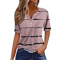 Womens Tops Henley V Neck Button Down Short Sleeve Printed T Shirts 2024 Summer Trendy Oversized Bohemia Blouse