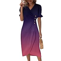 Summer Work Dresses Summer Dresses for Women, 2024 Spring Summer Fashion Side Button Floral Dress, Short Sleeve V Neck Splice Dresses Purple X-Large