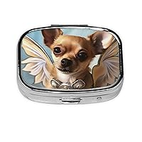 Brown Chihuahua Angel Wings Print Pill Box with 2 Compartment Round Pill Case Portable Travel Pillbox Small Medicine Organizer for Pocket Purse Vitamins