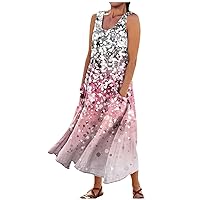 Women's Boho Floral Print Cotton Linen Dress Summer Sleeveless Casual Loose Flowy Maxi Dresses with Pockets
