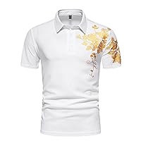Mens Hipster Gold Rose Printed Slim Fit Short Sleeve Button Down Dress Shirts Vintage Fashion Lapel Golf Shirt Tops