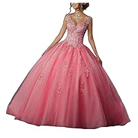 Natasha Girl's V-Neck Beading Lace Quinceanera Dresses Sweet 16 Appliques Prom Ball Gown 014