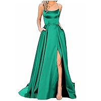 Women's Long Prom Dresses Elegant Hanging Neck Backless Long Gowns A Line Cross Satin Side Slit Dress Pockets