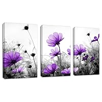 Flowers Wall Art Canvas Pictures Purple Wildflowers Black and White Background 3 Piece Canvas Art Blossom Contemporary Artwork for Home Decoration Office Kitchen Wall Decor 16