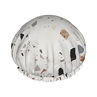 White terrazzo Print Shower Caps for Women Reusable Bath Caps Double Layer Waterproof Hair Cap with EVA Lining Soft Comfortable Bath Hat for all Hair Types