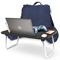 Nestl Reading Pillow with Portable Laptop Lap Desk, Velvet Feel Back Pillow for Sitting in Bed, Shredded Memory Foam Back Support Pillow for Bed, Bed Rest Pillow with Arms, Small - Navy