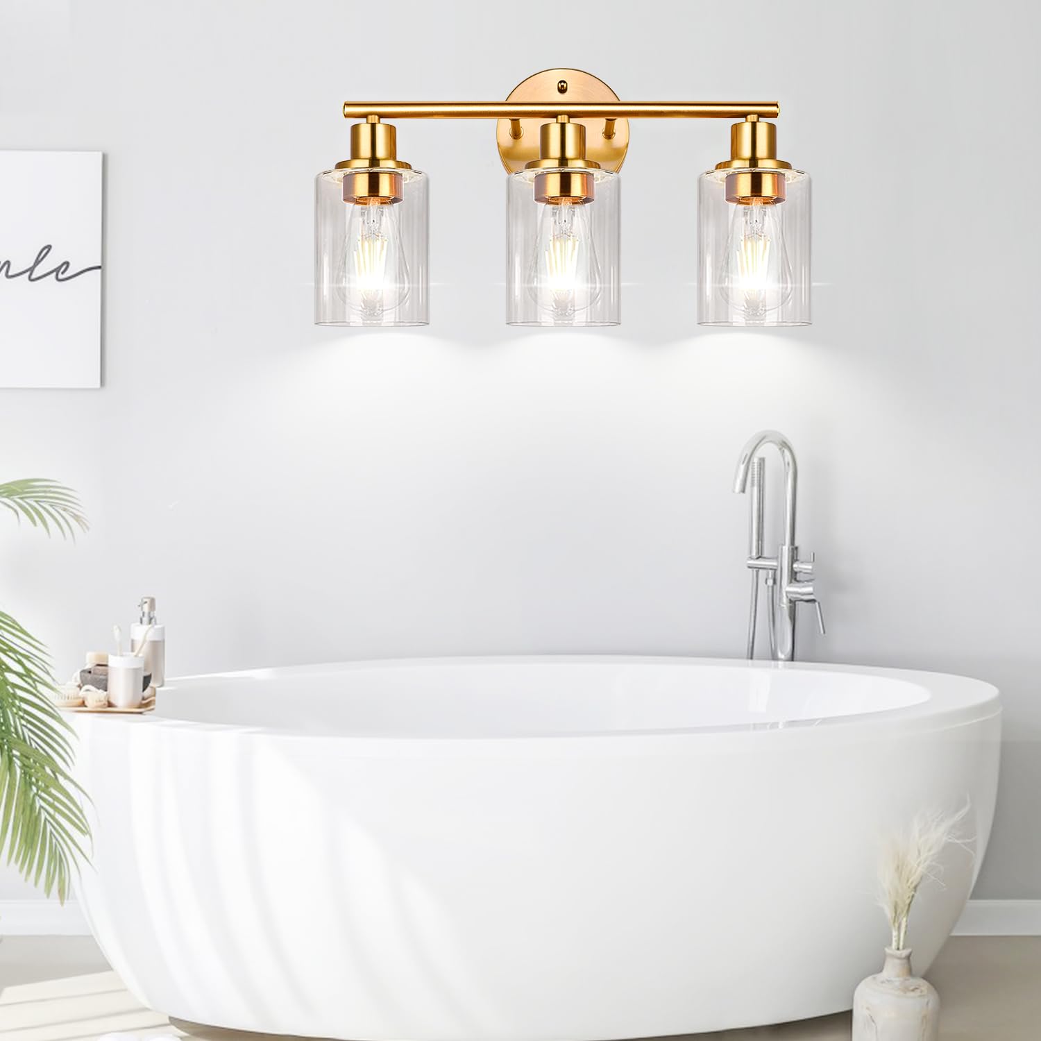 3-Light Gold Bathroom Light Fixtures, Modern Bathroom Vanity Light with Clear Glass Shade, Brushed Gold Bath Wall Mount Lights, Wall Lamp for Mirror Kitchen Bedroom Hallway Living Room Hallway