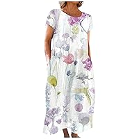 Cotton Maxi Dress Summer Trendy Tie Dye Marble Print Short Sleeve with Pockets T Shirt Dress Casual Dresses Sundress