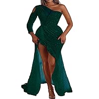 Women Formal Dress Sexy Sequins High Slit Slim Waist Off Shoulder Long Sleeved Banquet Evening Dress