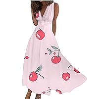 Long Maxi Dresses for Women 2024 Spring Gradient Printed V Neck Wrap Sleeveless A Line Holiday Beach Swing Dress