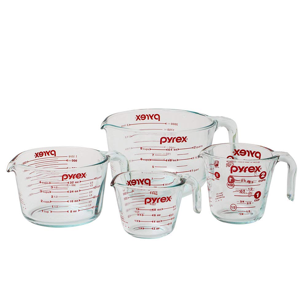 Pyrex Tempered Glass Liquid Measuring Cups Set, Includes 1-Cup, 2-Cup, 4-Cup, and 8-Cup, Dishwasher, Freezer, Microwave, and Preheated Oven Safe, Essential Kitchen Tools, 4 Piece