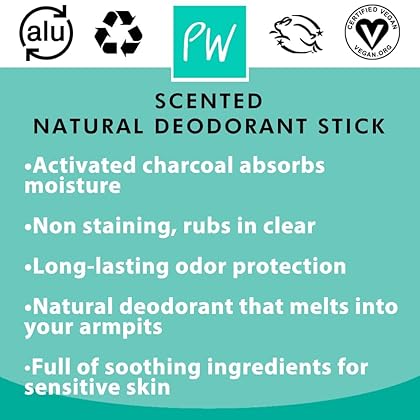 PiperWai Natural Deodorant w/Activated Charcoal | 24-Hour Sweat Protection, Vegan, Aluminum Free Deodorant for Women & Men | Travel Essential Shark Tank Product | 50g Scented Stick