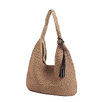 Women Straw Shoulder Bag Handmade Woven Handbag Summer Beach Tote Straw Leather Handle Large Bucket Bag