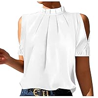 YZHM Summer Shirts for Women Cold Shoulder Work Tops Floral Print Dressy Casual Blouses Mock Neck Tshirts Short Sleeve Tees