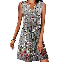 Womens Summer Dress 2024 Casual Button Down V Neck Sleeveless Fashion Boho Floral Beach Dress Sundress A-Line Dress