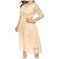 Womens Plus Size Lace Cocktail Dress Elegant 3/4 Sleeve Midi Wedding Guest Dresses Evening Party Gowns with Pocket