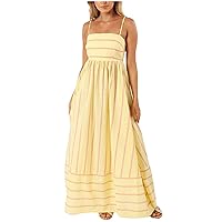 Womens Summer Striped Dress Spaghetti Strap Square Neck Long Maxi Dress Swing A Line Beach Dress Smocked Tiered Dress
