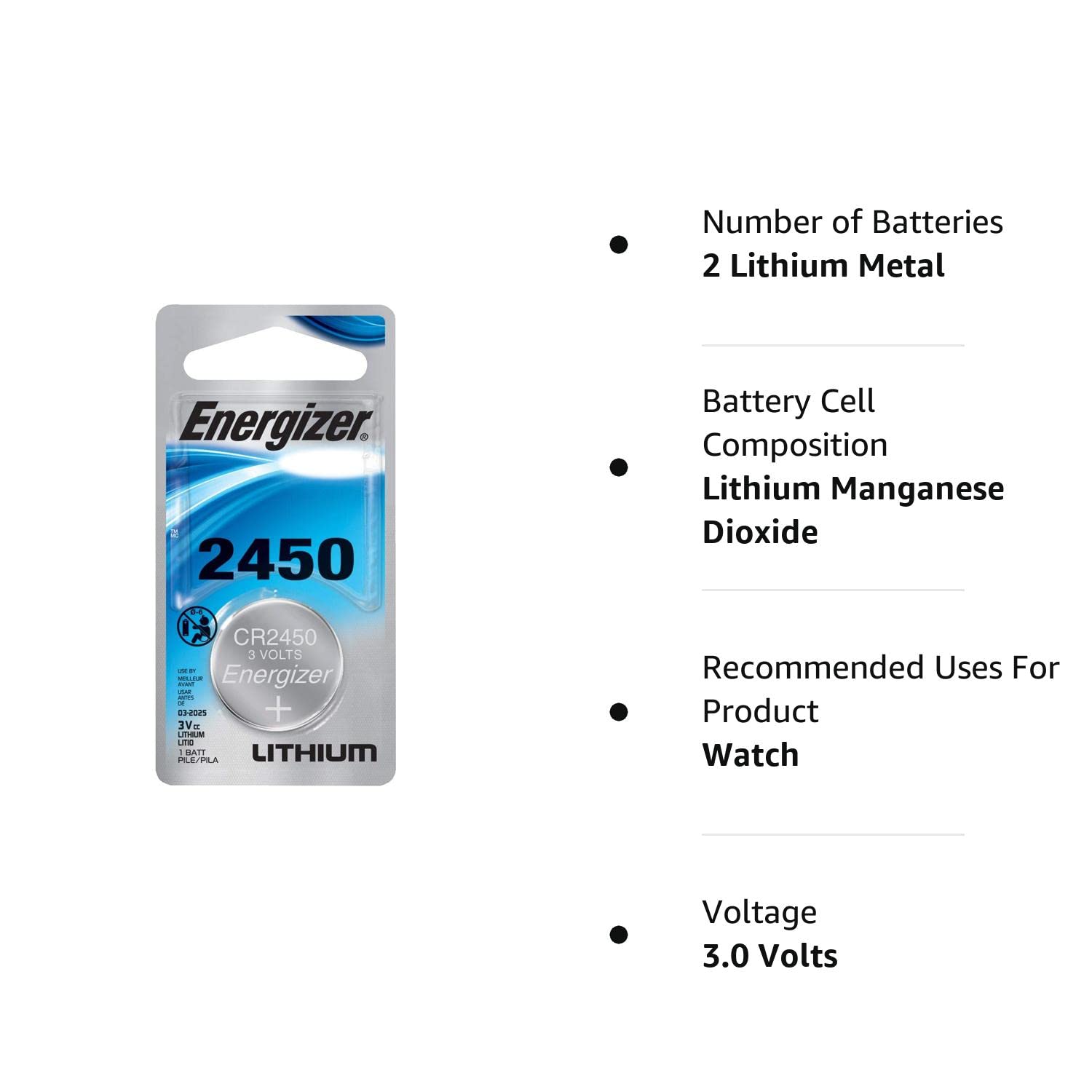Energizer CR2450 Lithium Battery, 3v ECR2450, 2 PK