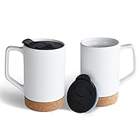 Ceramic Coffee Mug Set of 2, 17 OZ Large Coffee Mug with Removeable Cork Bottom and Splash Proof Lid (Matte White)